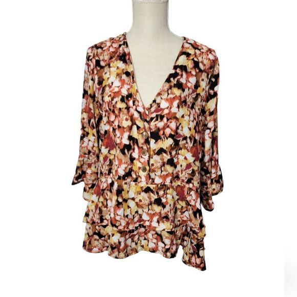 Ophelia Roe Size Large Ruffle Tunic V Neck 3/4 Sleeve Top - Picture 1 of 12
